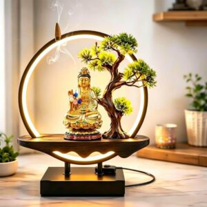 Luminaria Incensário Cascata Kuan Yin Com Japamala Bonsai 43cm
