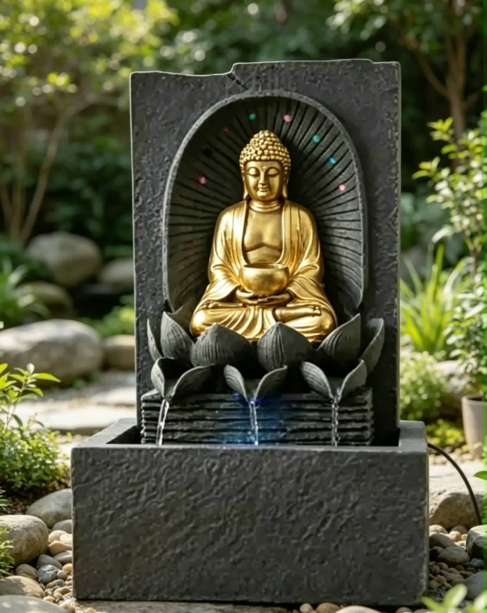 Fonte De Água Buda 7 Chakras Flor de Lótus Pedra Jardim 40 Cm