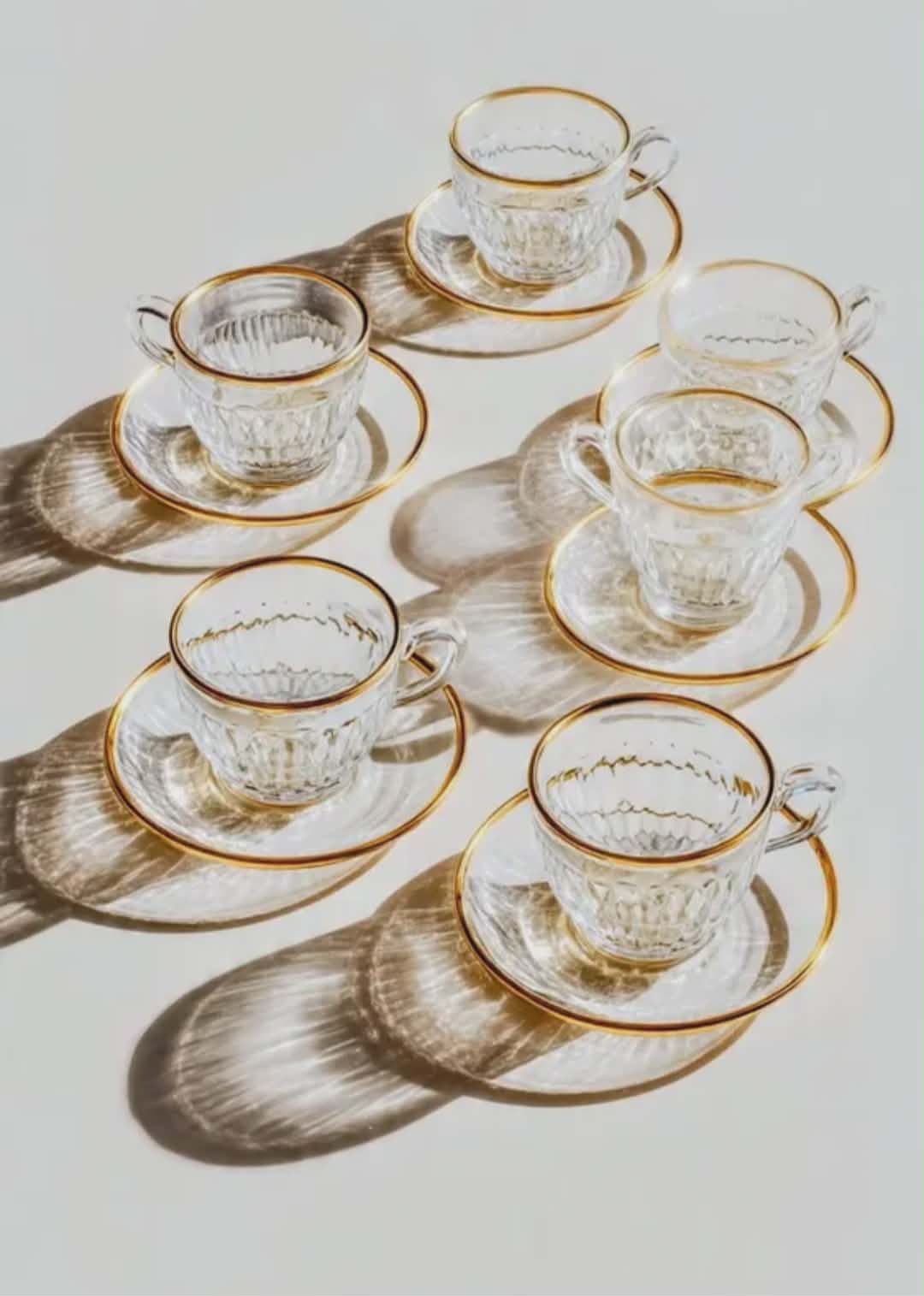 Jogo Xicaras Café Chá Cristal Vidro Transparente Borda Ouro