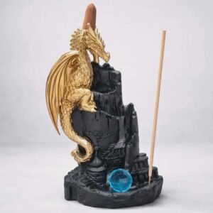 Incensário Dragão Dourado Cascata Castelo Decor Enfeite