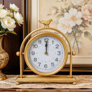 Relógio de Mesa Vintage Passarinho de Ferro Dourado Luxo