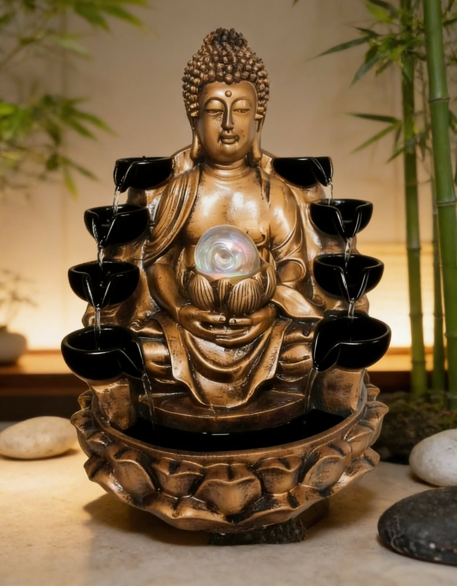 Fonte De Água Buda Dourado Com 8 Quedas Cascata 40cm