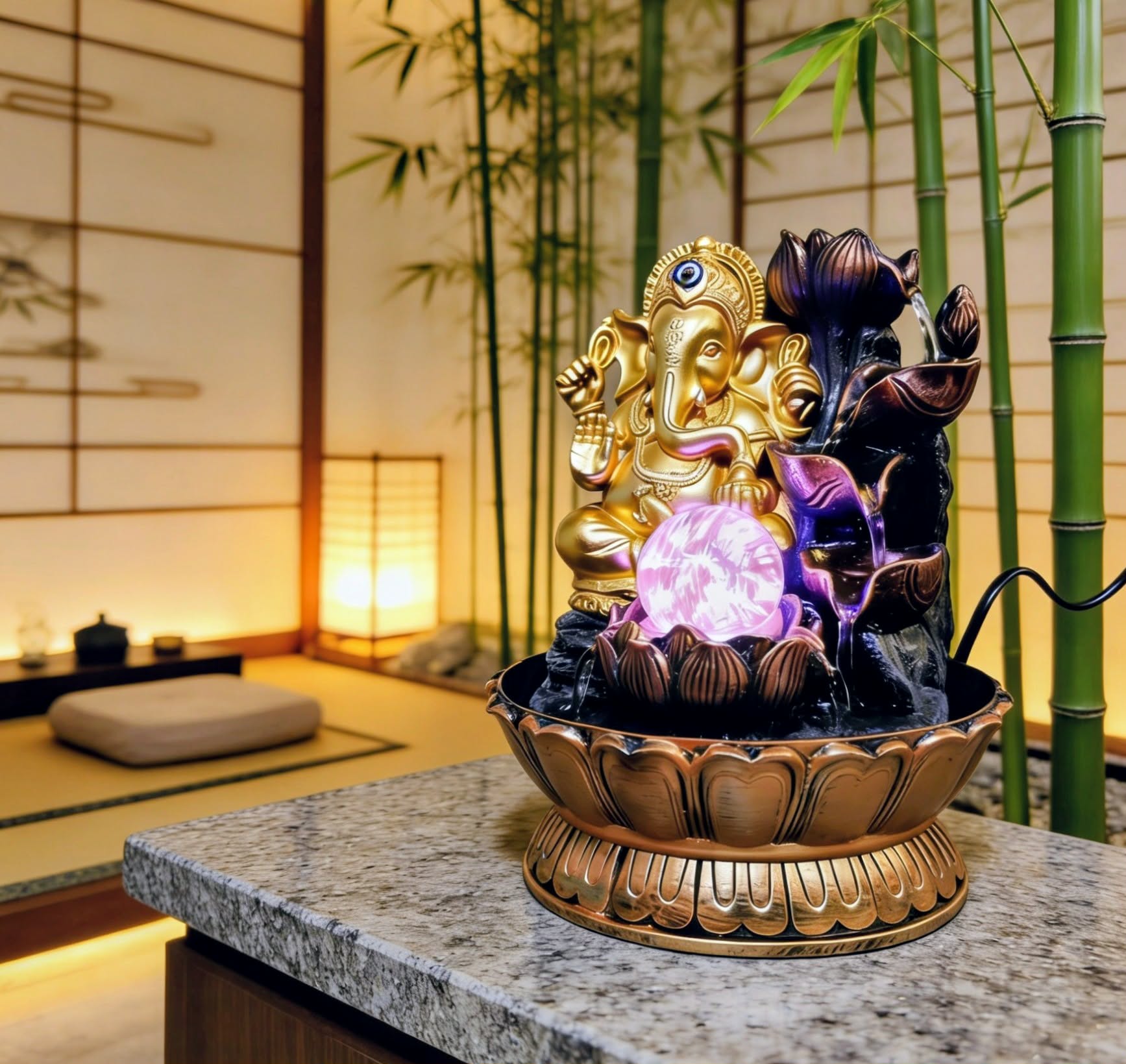 Fonte de Água Ganesha com Olho Grego Flor de Lótus Cascata