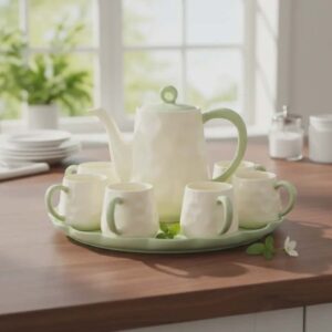 Jogo De Xicaras Com Bule Em Porcelana Com Bandeja Giratoria Favo de Mel