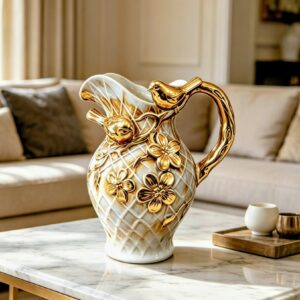 Jarro Decorativo Flores Passarinho Retrô Enfeite