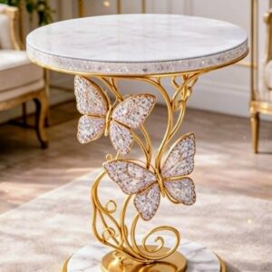 Mesa de Mármore Lateral Borboleta Ferro Artesanal 60cm