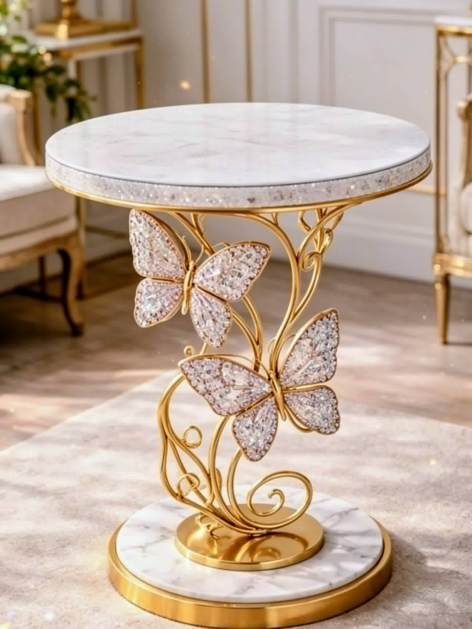 Mesa de Mármore Lateral Borboleta Ferro Artesanal 60cm