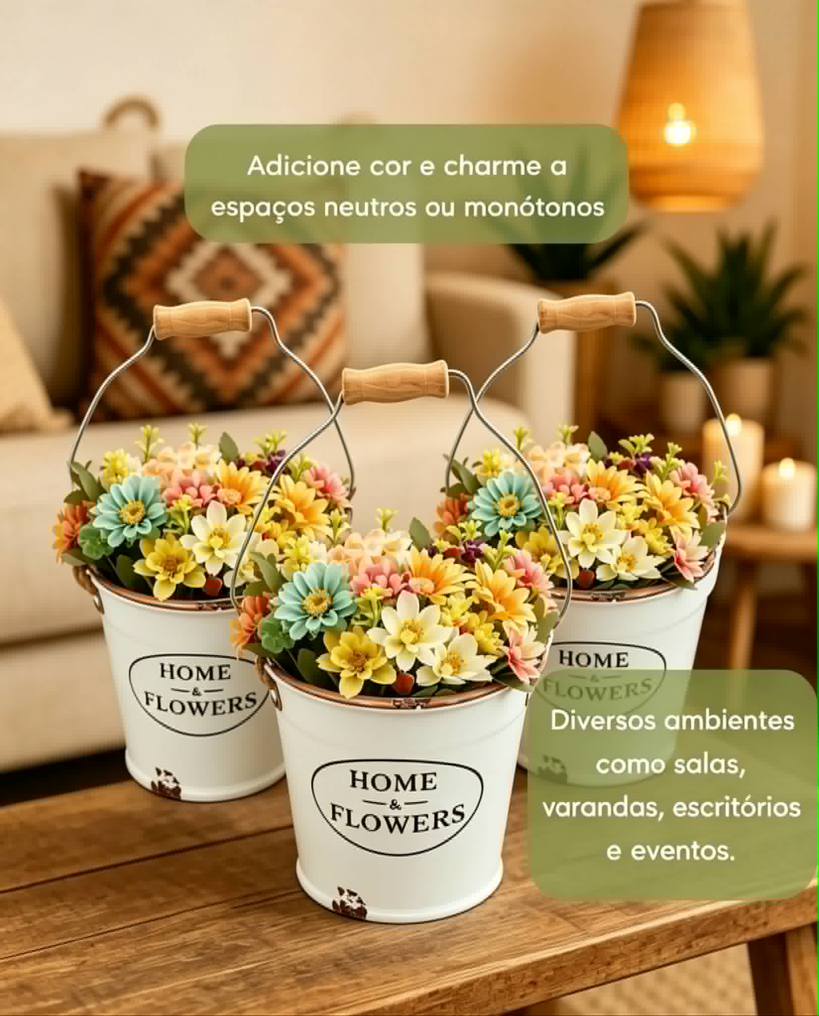 Conjunto Vaso Cachepot Ceramica Flowers & Home Alça Balde - Imagem 2